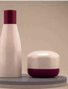 A beige and burgundy red shampoo bottle and conditioner jar with no label.